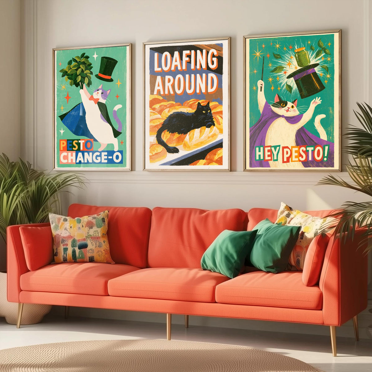 Kitchen Cats Set of Three Art Prints - Pesto Change-O, Loafing Around, Hey Pesto - Funny Cat Magician Pun Posters Illustration