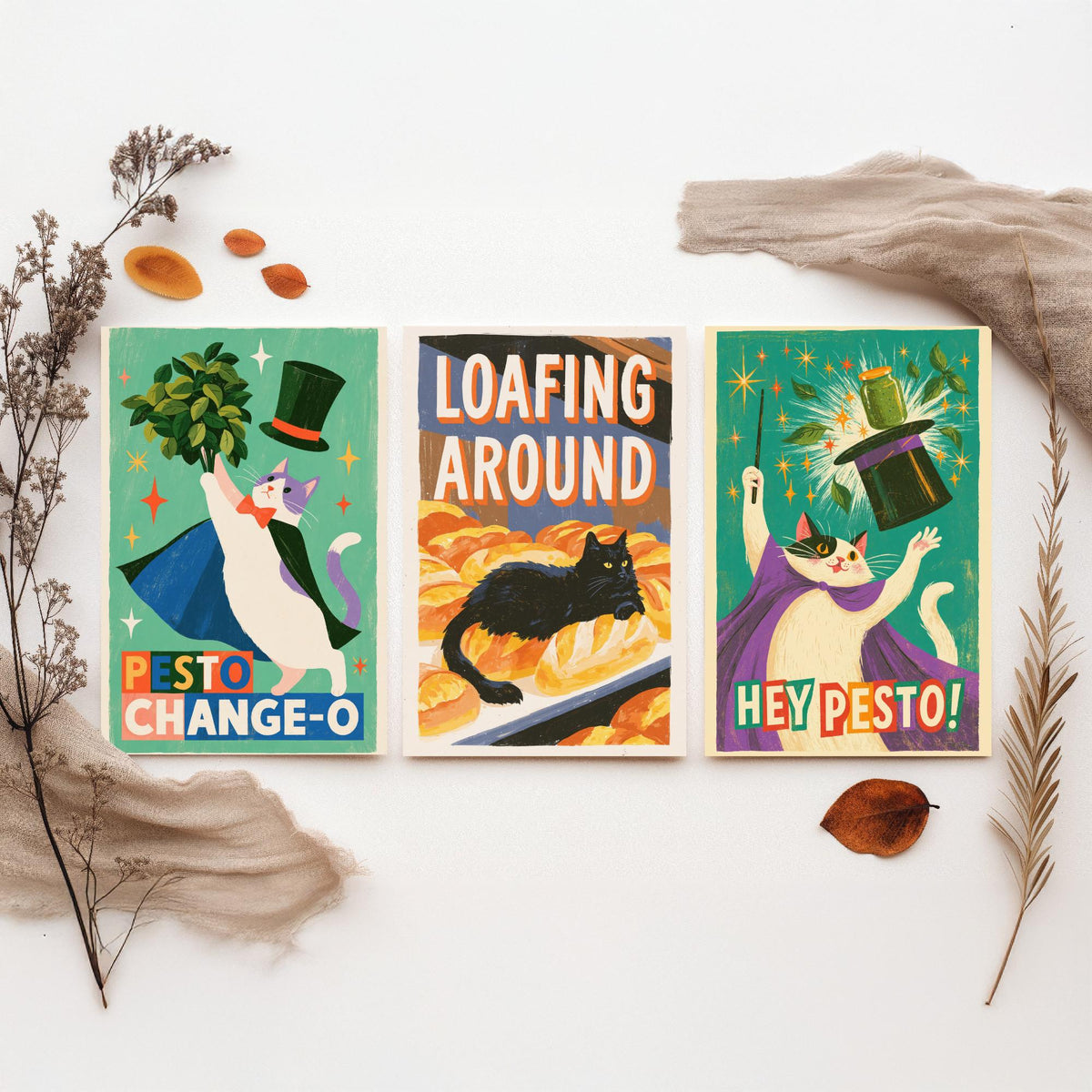 Kitchen Cats Set of Three Art Prints - Pesto Change-O, Loafing Around, Hey Pesto - Funny Cat Magician Pun Posters Illustration