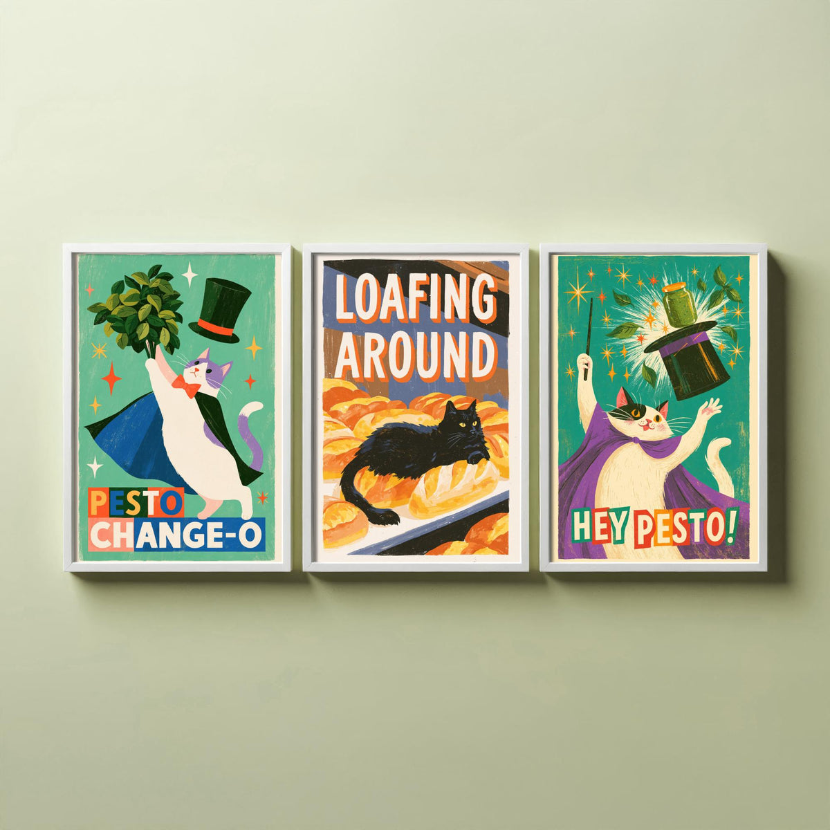 Kitchen Cats Set of Three Art Prints - Pesto Change-O, Loafing Around, Hey Pesto - Funny Cat Magician Pun Posters Illustration