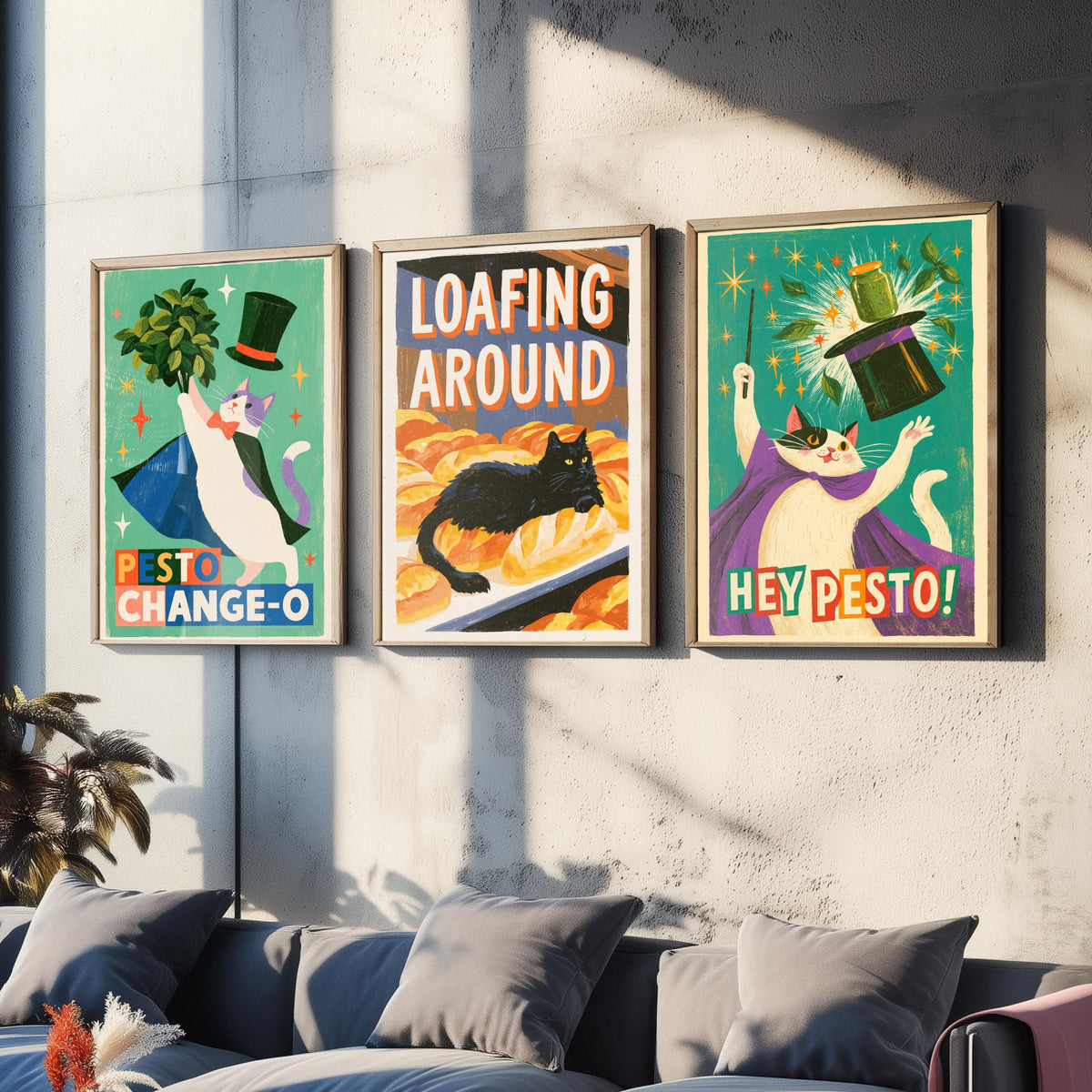Kitchen Cats Set of Three Art Prints - Pesto Change-O, Loafing Around, Hey Pesto - Funny Cat Magician Pun Posters Illustration
