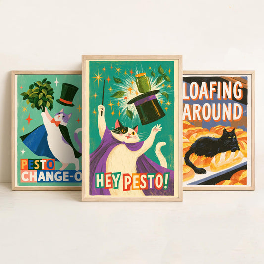 Kitchen Cats Set of Three Art Prints - Pesto Change-O, Loafing Around, Hey Pesto - Funny Cat Magician Pun Posters Illustration