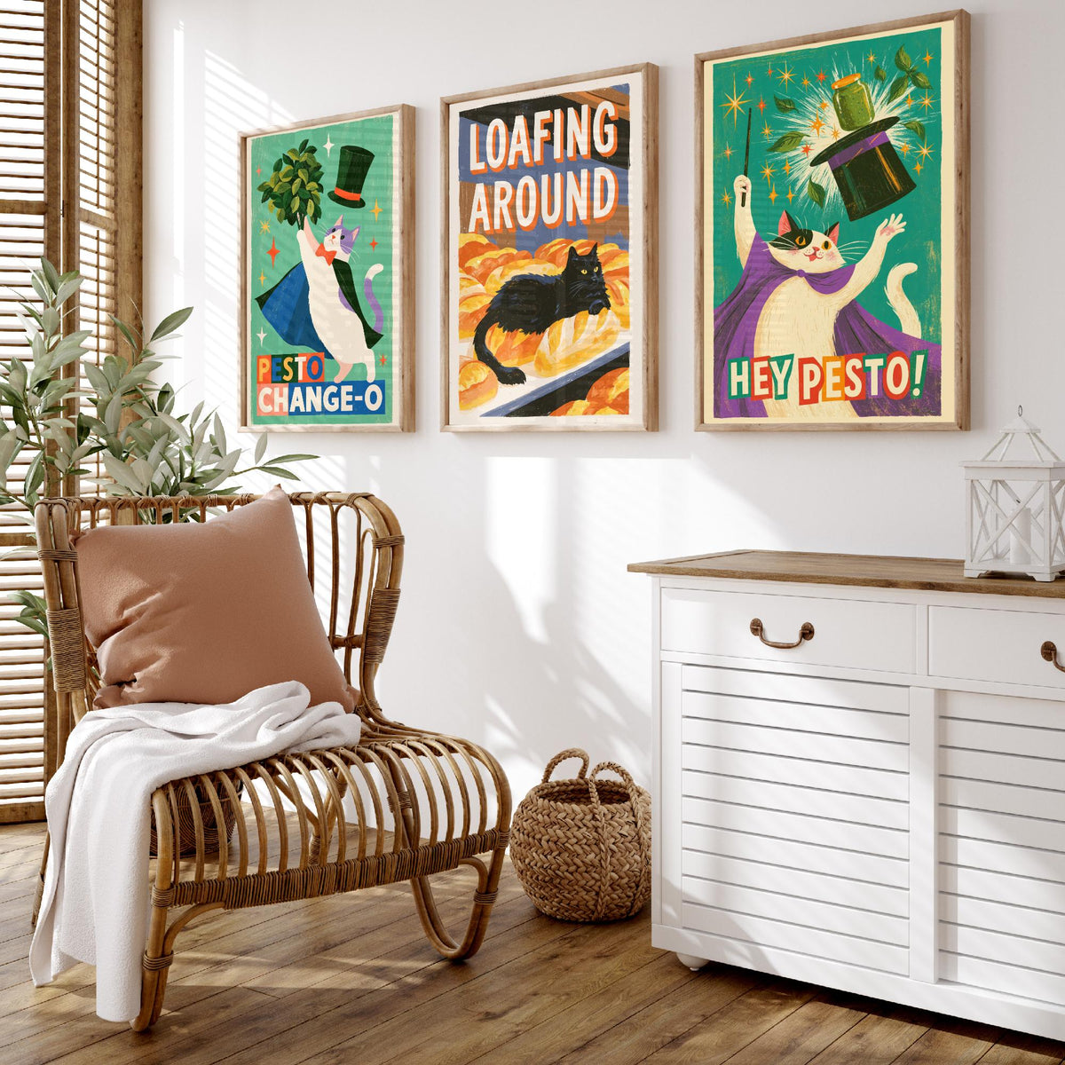 Kitchen Cats Set of Three Art Prints - Pesto Change-O, Loafing Around, Hey Pesto - Funny Cat Magician Pun Posters Illustration