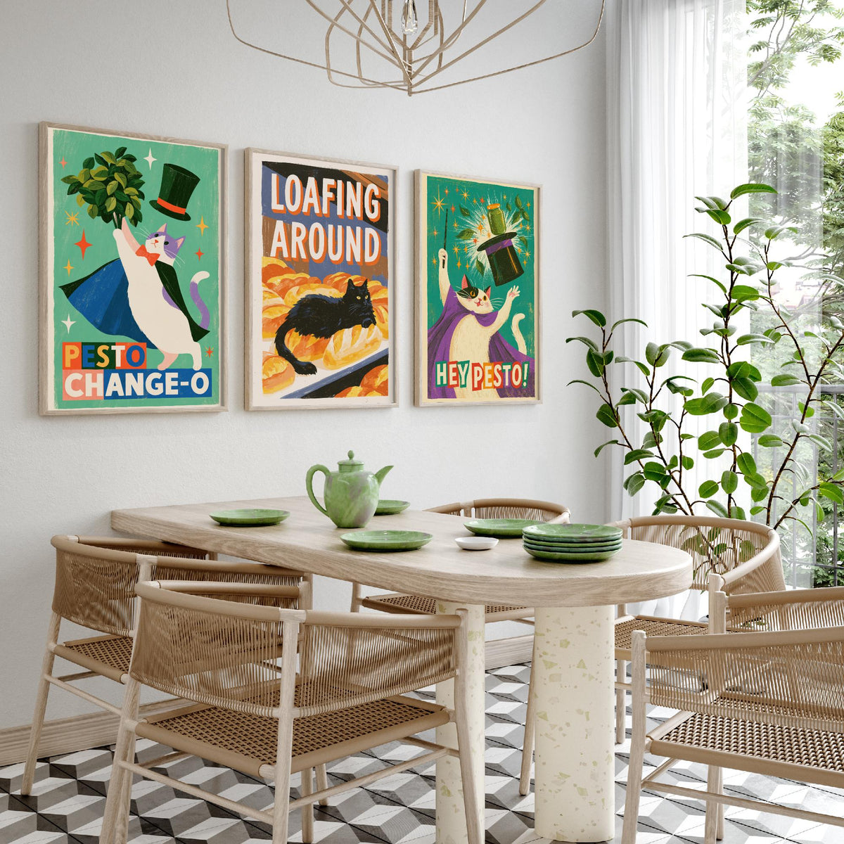 Kitchen Cats Set of Three Art Prints - Pesto Change-O, Loafing Around, Hey Pesto - Funny Cat Magician Pun Posters Illustration