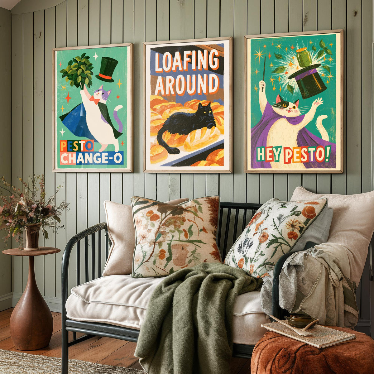 Kitchen Cats Set of Three Art Prints - Pesto Change-O, Loafing Around, Hey Pesto - Funny Cat Magician Pun Posters Illustration