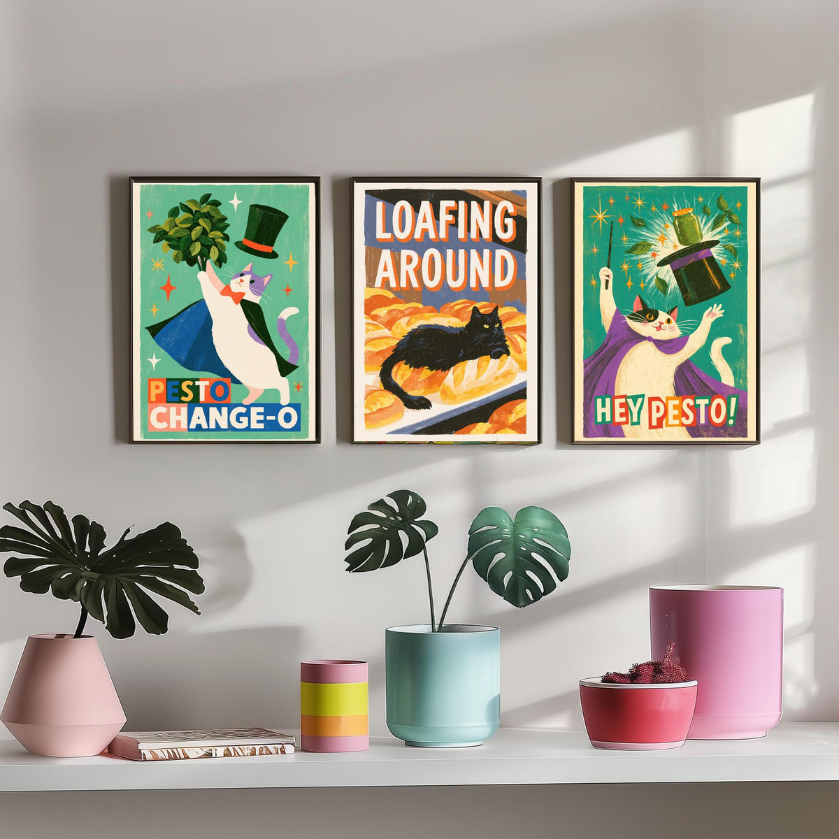 Kitchen Cats Set of Three Art Prints - Pesto Change-O, Loafing Around, Hey Pesto - Funny Cat Magician Pun Posters Illustration