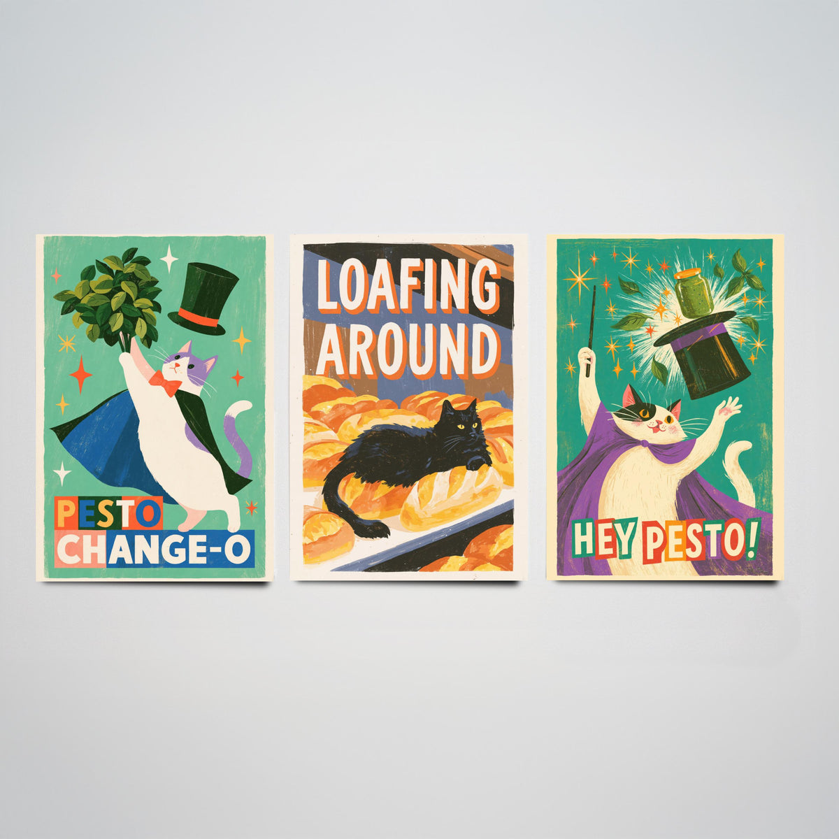 Kitchen Cats Set of Three Art Prints - Pesto Change-O, Loafing Around, Hey Pesto - Funny Cat Magician Pun Posters Illustration