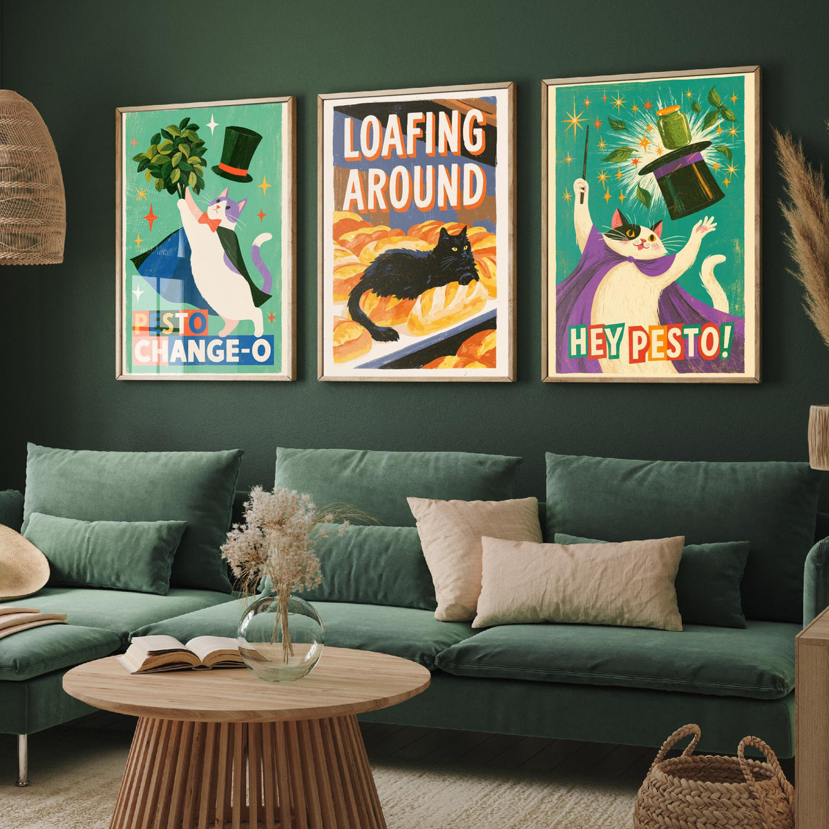 Kitchen Cats Set of Three Art Prints - Pesto Change-O, Loafing Around, Hey Pesto - Funny Cat Magician Pun Posters Illustration
