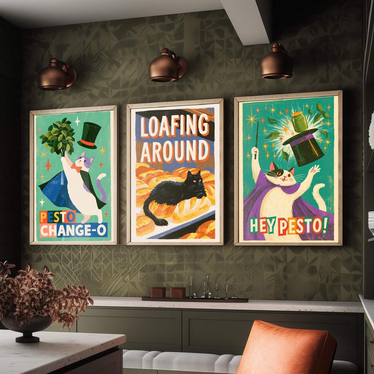 Kitchen Cats Set of Three Art Prints - Pesto Change-O, Loafing Around, Hey Pesto - Funny Cat Magician Pun Posters Illustration