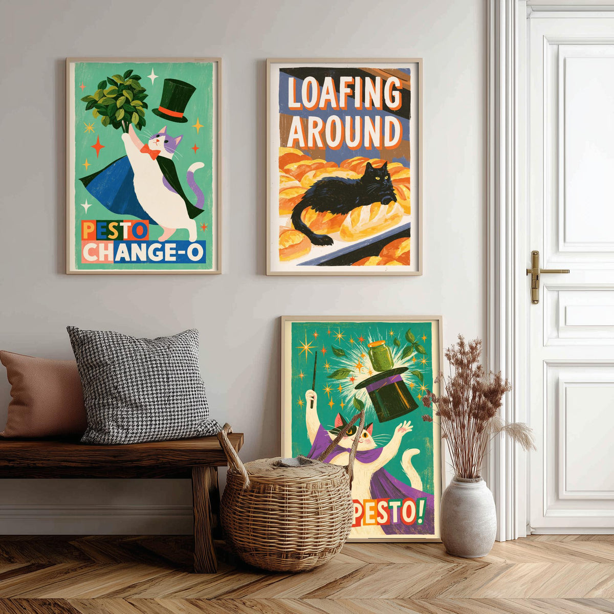 Kitchen Cats Set of Three Art Prints - Pesto Change-O, Loafing Around, Hey Pesto - Funny Cat Magician Pun Posters Illustration
