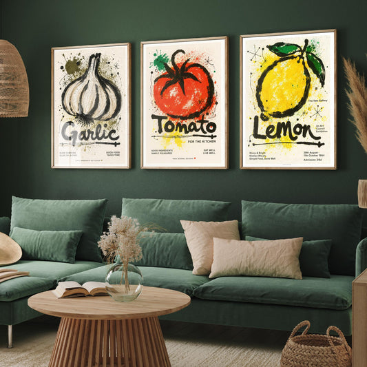 Set of Three Kitchen Art Prints - Garlic Tomato Lemon - 3 Retro Food Ink Posters - Vintage Wall Art Gift Illustration Cooking Foodie Decor