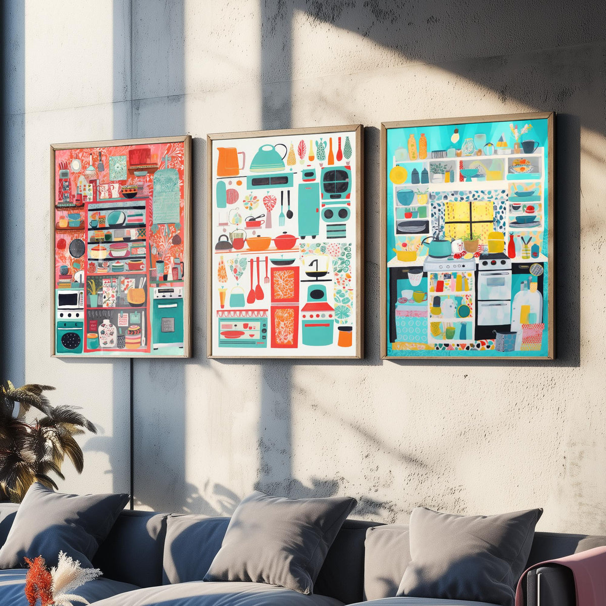 Colourful Kitchen Illustrations Set of Three Art Prints - Shelves, Pots and Pans - Retro Folk Illustration Poster