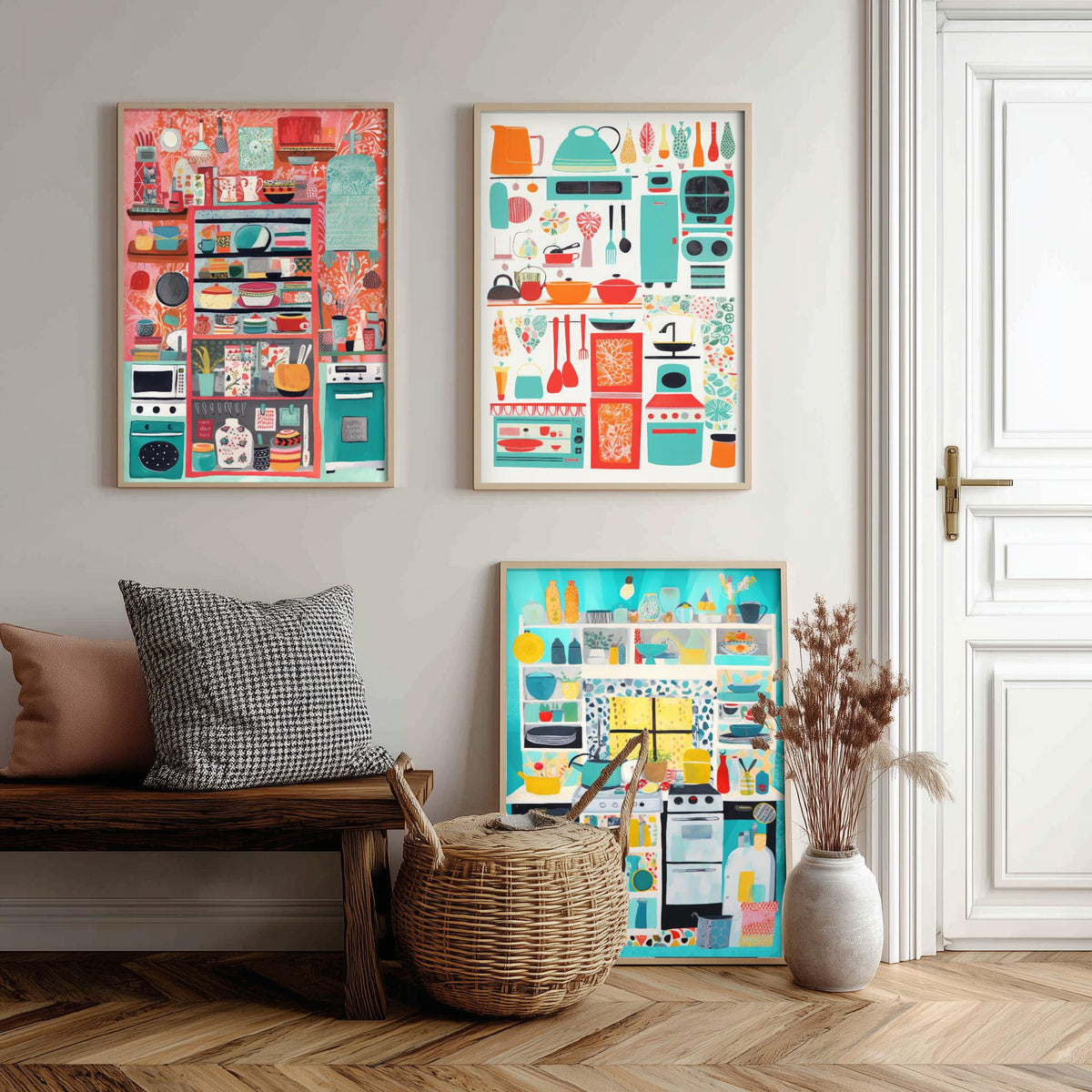 Colourful Kitchen Illustrations Set of Three Art Prints - Shelves, Pots and Pans - Retro Folk Illustration Poster