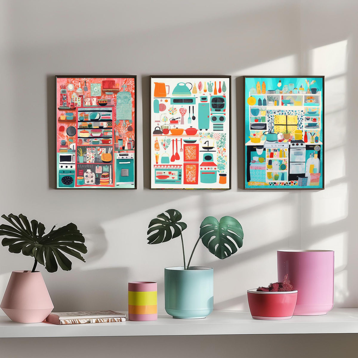Colourful Kitchen Illustrations Set of Three Art Prints - Shelves, Pots and Pans - Retro Folk Illustration Poster