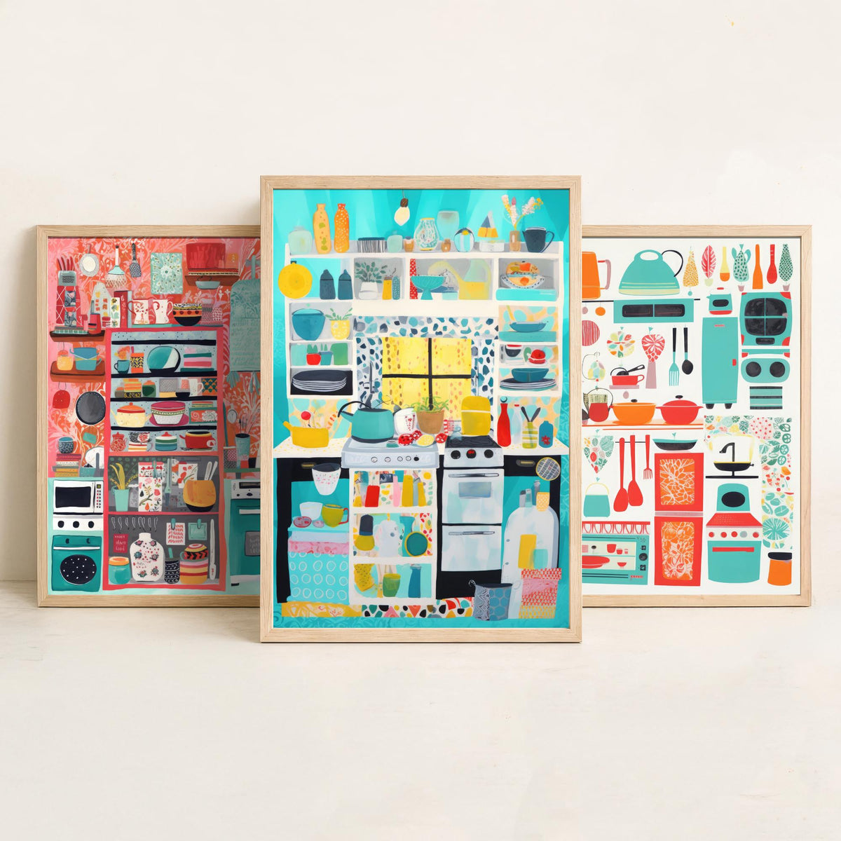 Colourful Kitchen Illustrations Set of Three Art Prints - Shelves, Pots and Pans - Retro Folk Illustration Poster