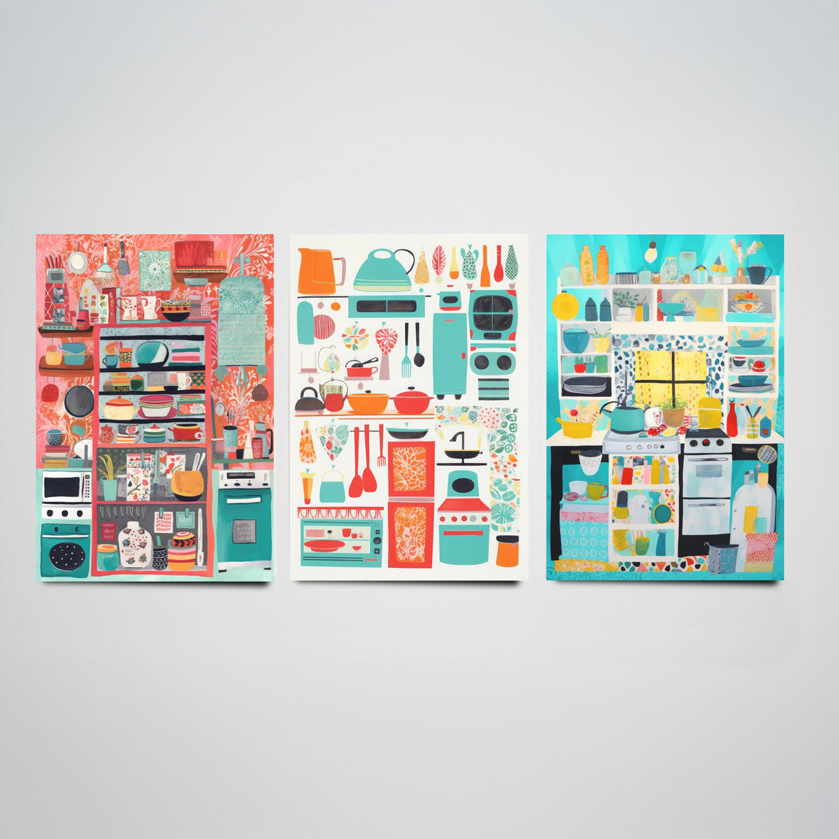 Colourful Kitchen Illustrations Set of Three Art Prints - Shelves, Pots and Pans - Retro Folk Illustration Poster
