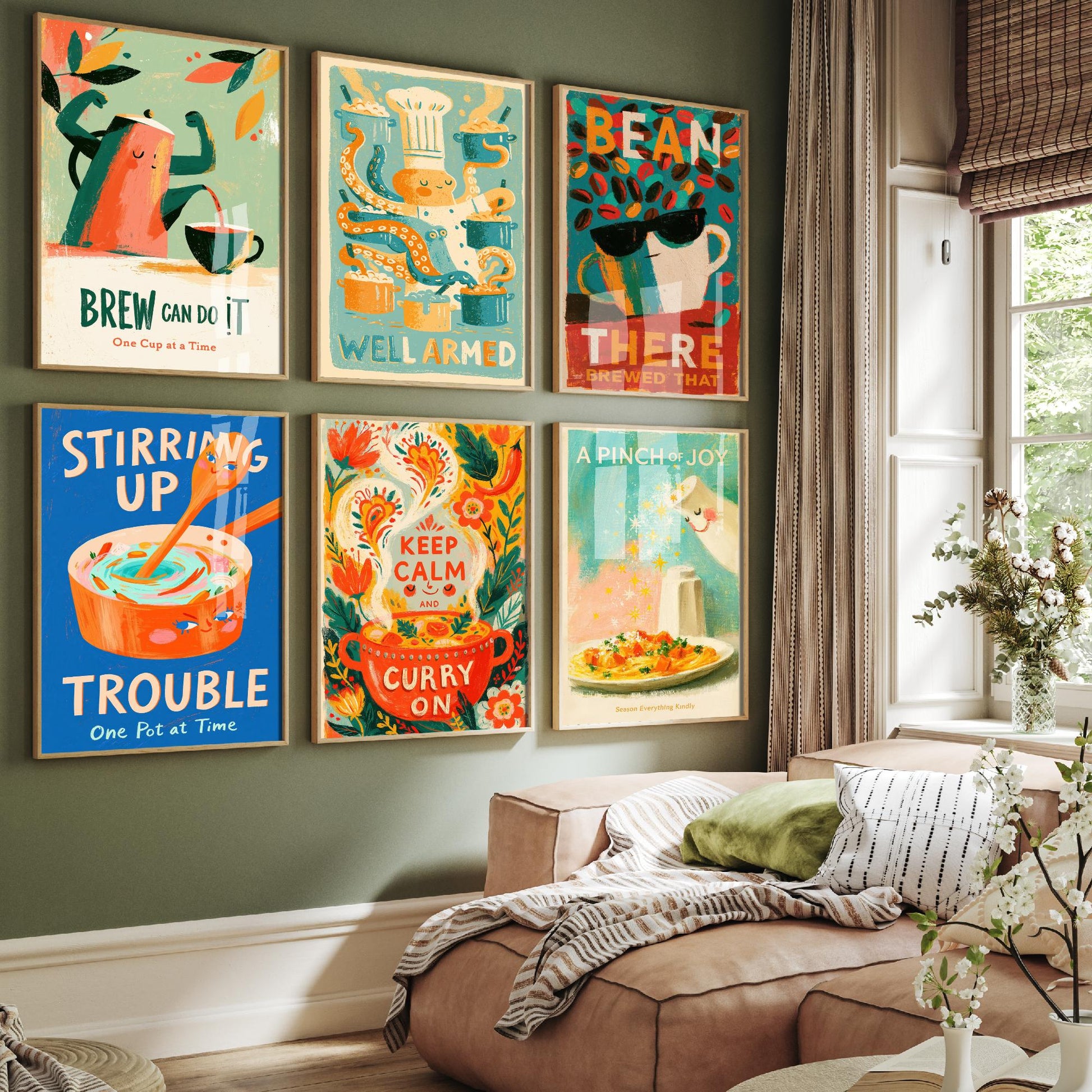 Set of Six Kitchen in Full Swing Art Prints - Well Armed, Bean There Brewed That, Keep Calm and Curry On - Funny Posters Illustration