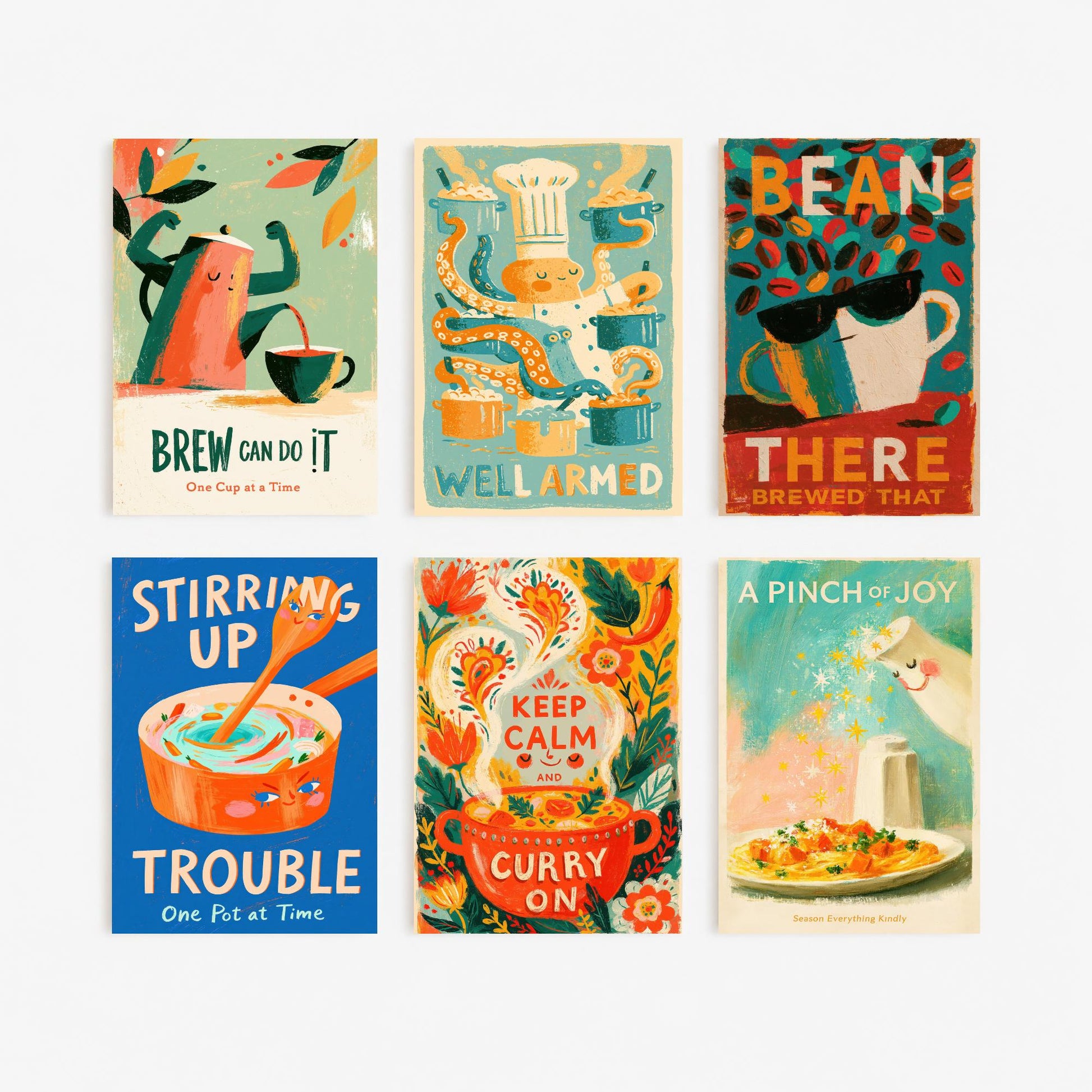 Set of Six Kitchen in Full Swing Art Prints - Well Armed, Bean There Brewed That, Keep Calm and Curry On - Funny Posters Illustration