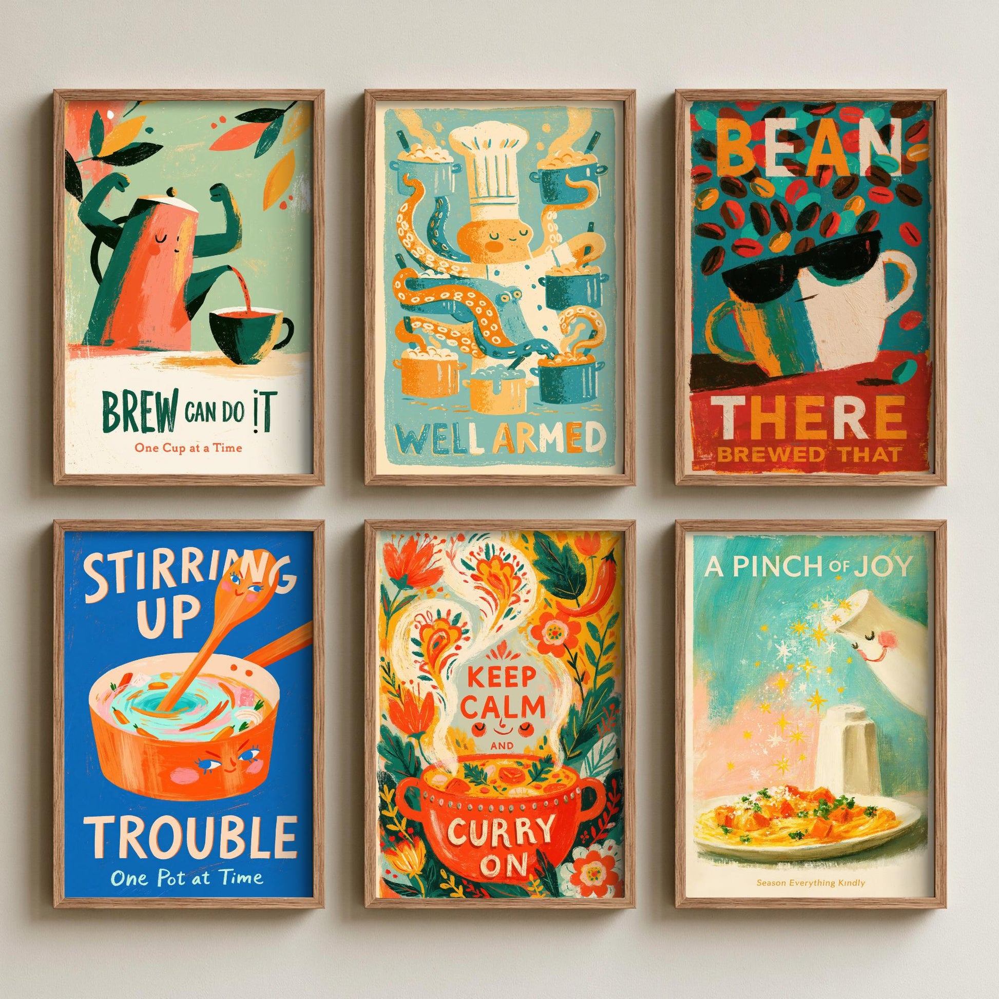 Set of Six Kitchen in Full Swing Art Prints - Well Armed, Bean There Brewed That, Keep Calm and Curry On - Funny Posters Illustration