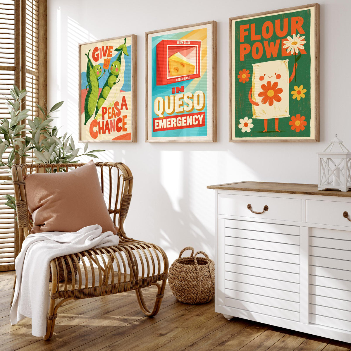 Kitchen Protest Set of Three Art Prints - Give Peas a Chance, In Queso Emergency, Flour Power - Retro Pun Posters Illustration
