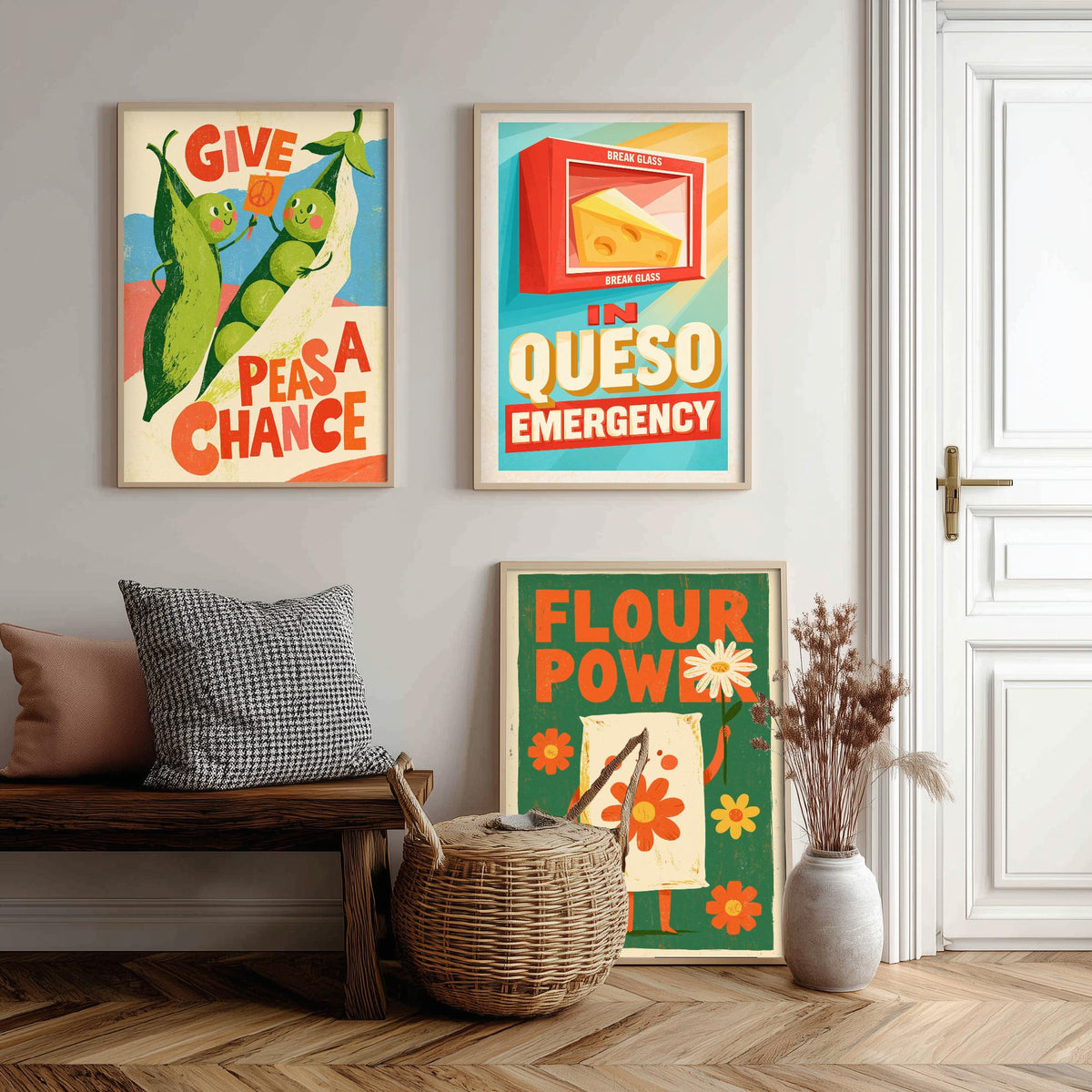 Kitchen Protest Set of Three Art Prints - Give Peas a Chance, In Queso Emergency, Flour Power - Retro Pun Posters Illustration