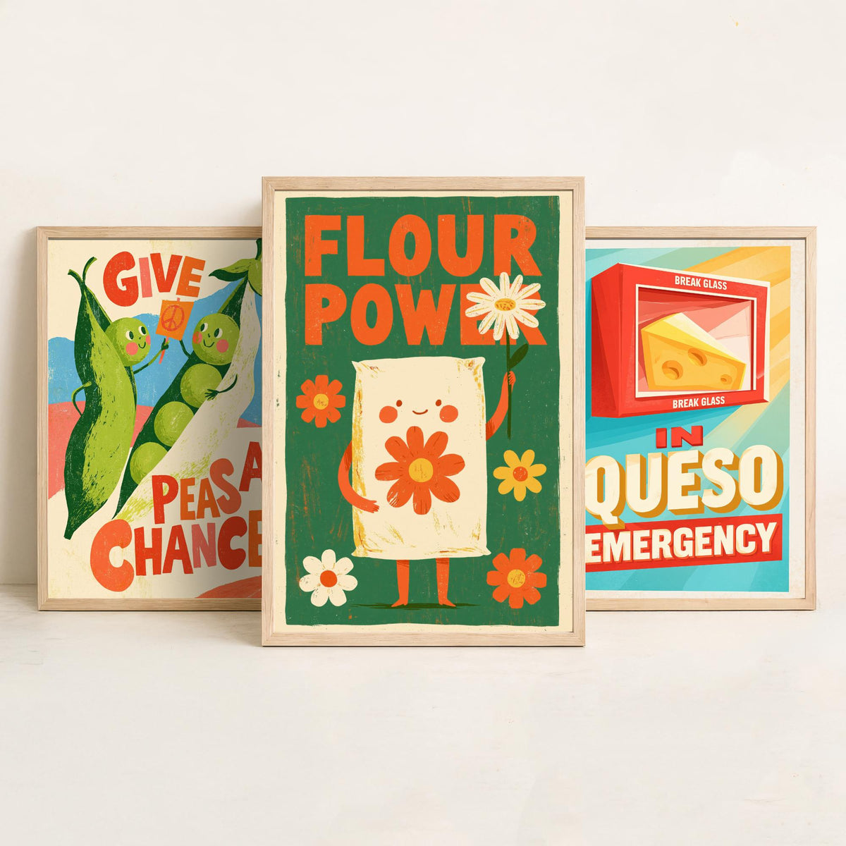 Kitchen Protest Set of Three Art Prints - Give Peas a Chance, In Queso Emergency, Flour Power - Retro Pun Posters Illustration