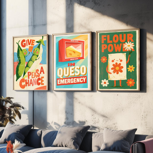 Kitchen Protest Set of Three Art Prints - Give Peas a Chance, In Queso Emergency, Flour Power - Retro Pun Posters Illustration