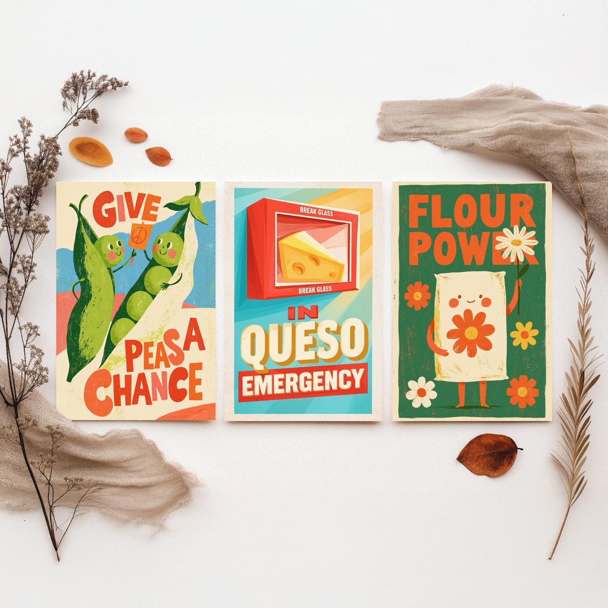 Kitchen Protest Set of Three Art Prints - Give Peas a Chance, In Queso Emergency, Flour Power - Retro Pun Posters Illustration