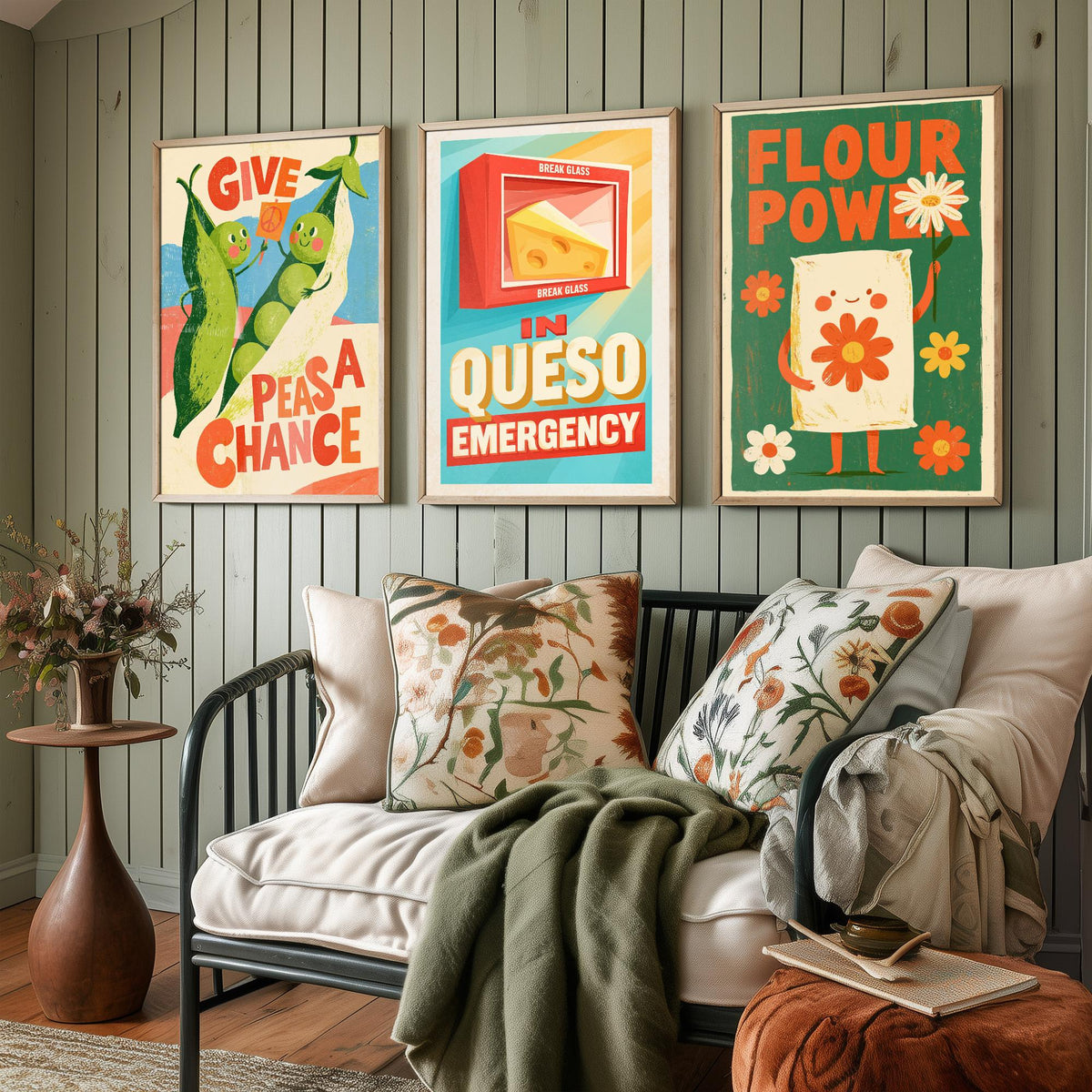 Kitchen Protest Set of Three Art Prints - Give Peas a Chance, In Queso Emergency, Flour Power - Retro Pun Posters Illustration