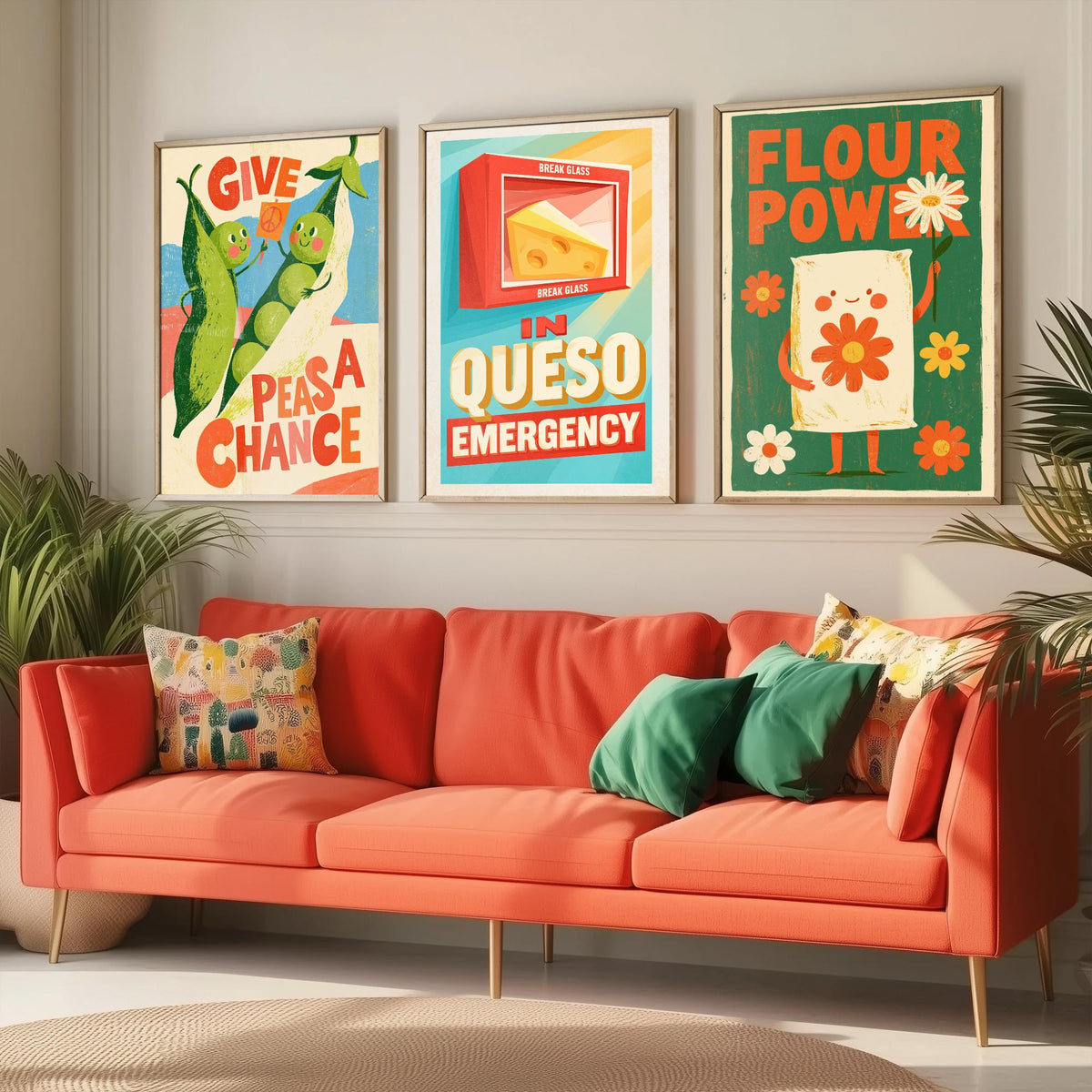 Kitchen Protest Set of Three Art Prints - Give Peas a Chance, In Queso Emergency, Flour Power - Retro Pun Posters Illustration