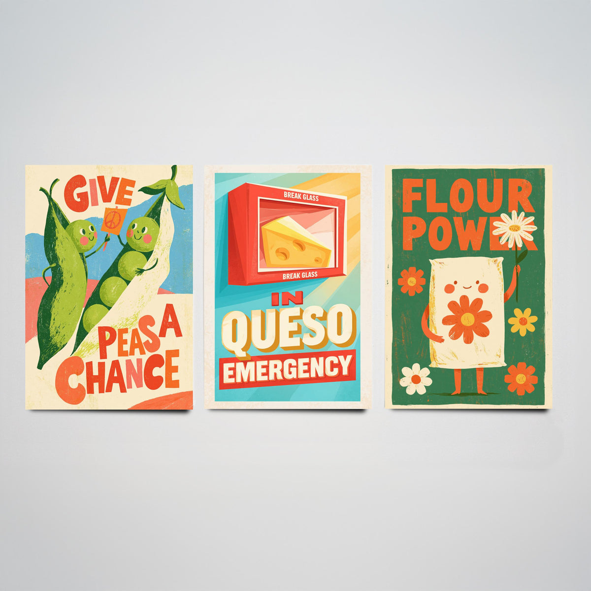 Kitchen Protest Set of Three Art Prints - Give Peas a Chance, In Queso Emergency, Flour Power - Retro Pun Posters Illustration
