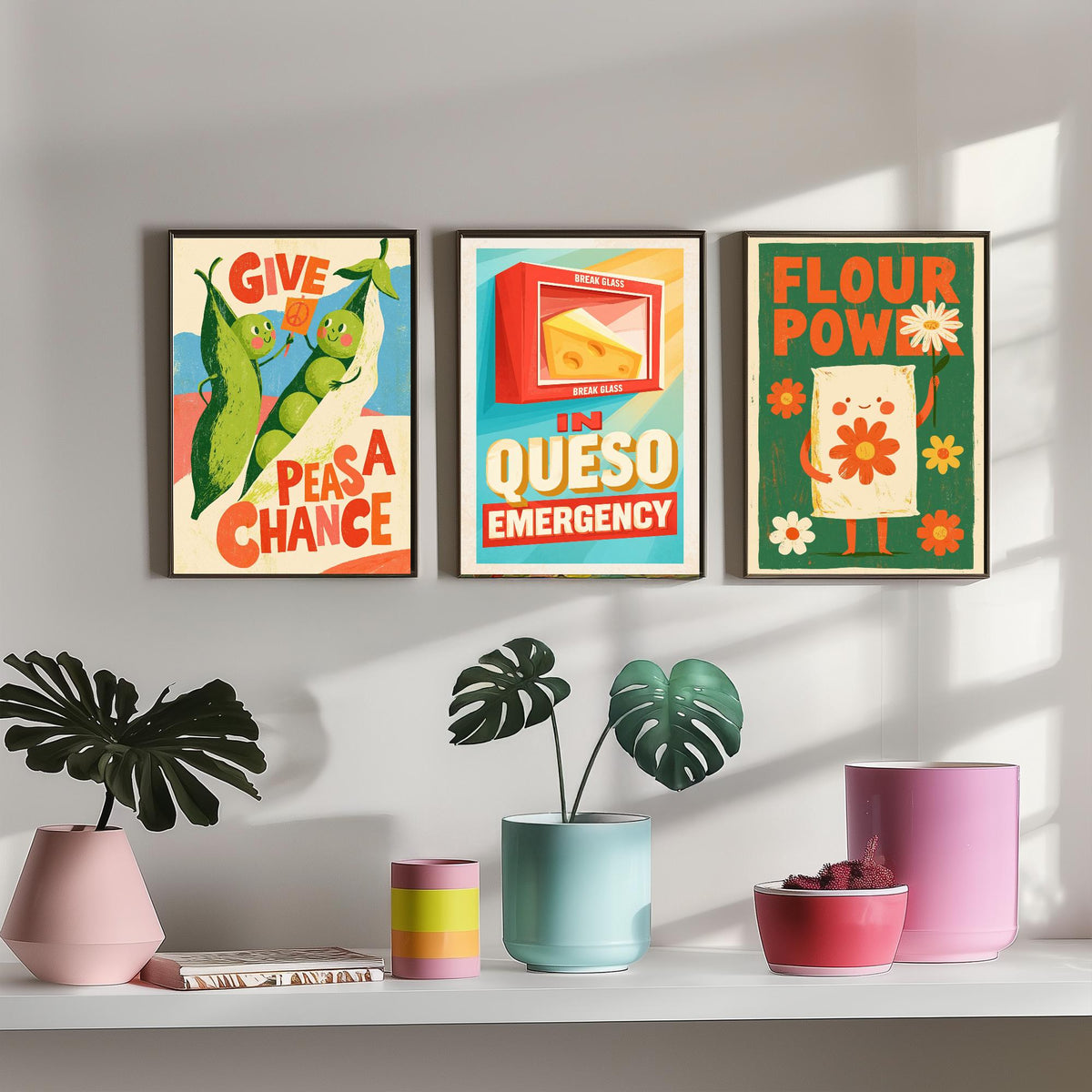 Kitchen Protest Set of Three Art Prints - Give Peas a Chance, In Queso Emergency, Flour Power - Retro Pun Posters Illustration
