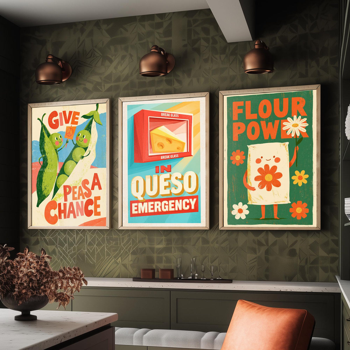 Kitchen Protest Set of Three Art Prints - Give Peas a Chance, In Queso Emergency, Flour Power - Retro Pun Posters Illustration
