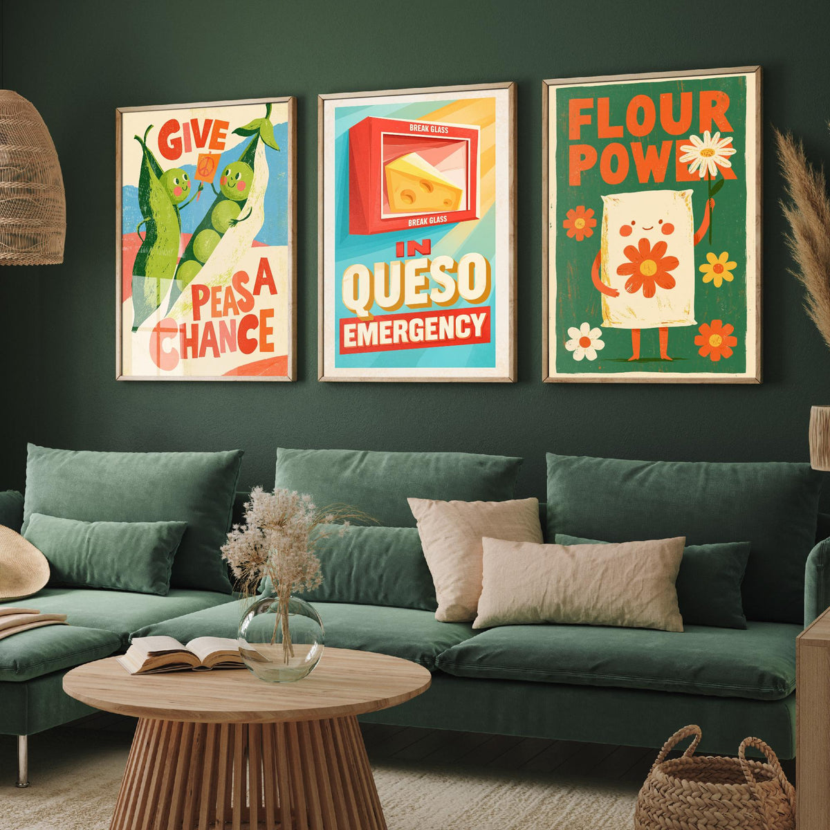 Kitchen Protest Set of Three Art Prints - Give Peas a Chance, In Queso Emergency, Flour Power - Retro Pun Posters Illustration