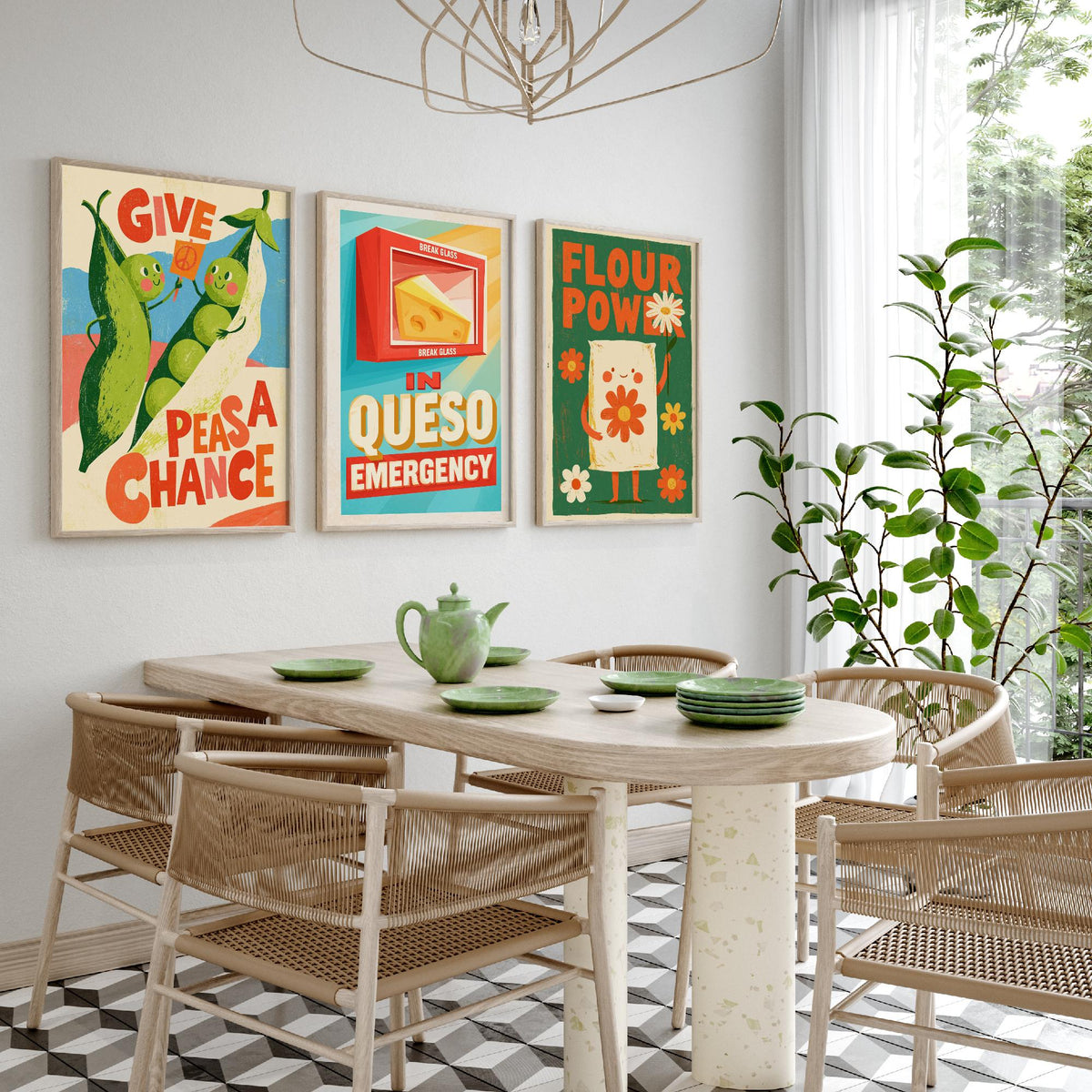 Kitchen Protest Set of Three Art Prints - Give Peas a Chance, In Queso Emergency, Flour Power - Retro Pun Posters Illustration