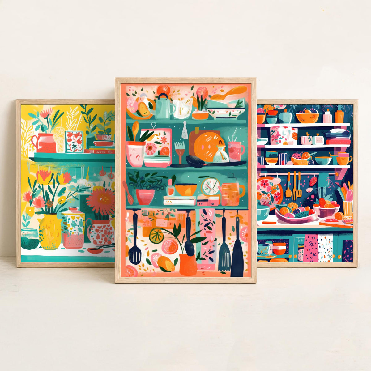 Kitchen Shelves Set of Three Art Prints - Pots, Plants and Utensils - Bright Folk Kitchen Poster Illustration