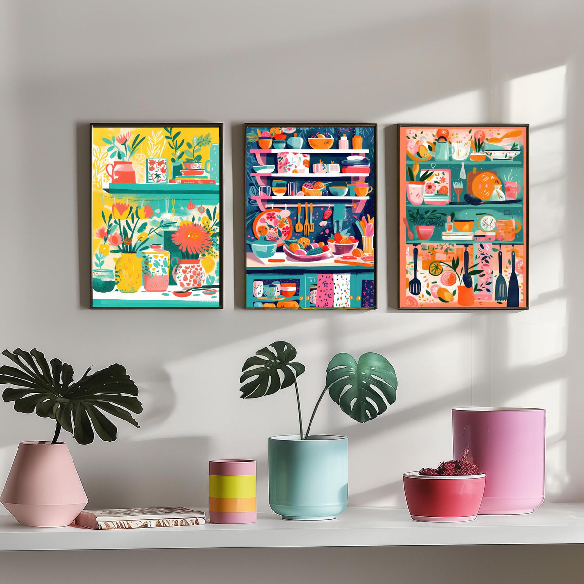Kitchen Shelves Set of Three Art Prints - Pots, Plants and Utensils - Bright Folk Kitchen Poster Illustration