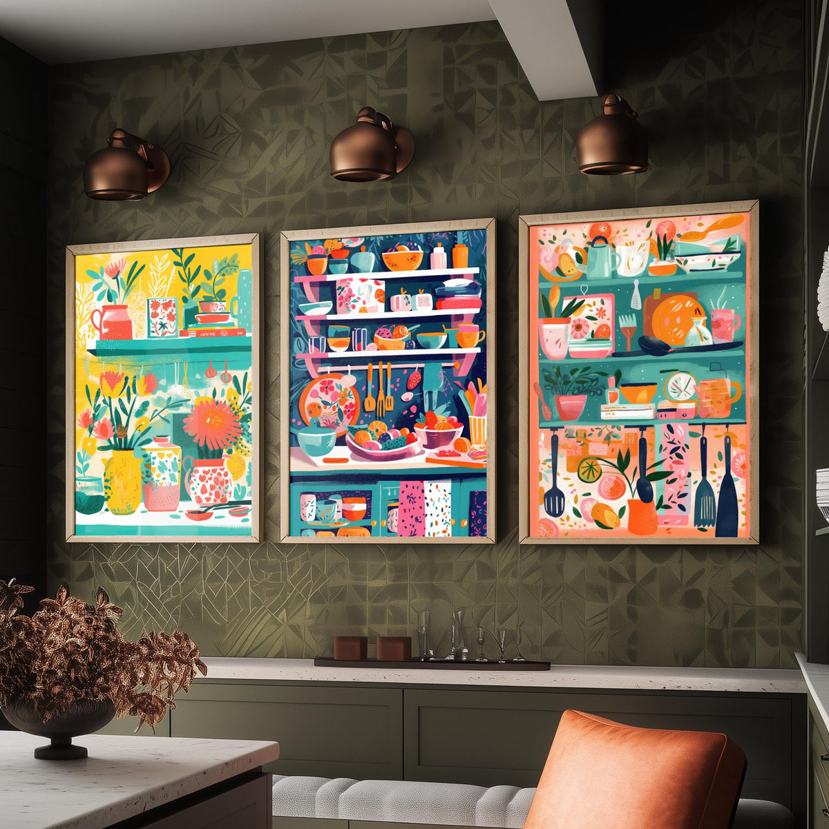 Kitchen Shelves Set of Three Art Prints - Pots, Plants and Utensils - Bright Folk Kitchen Poster Illustration
