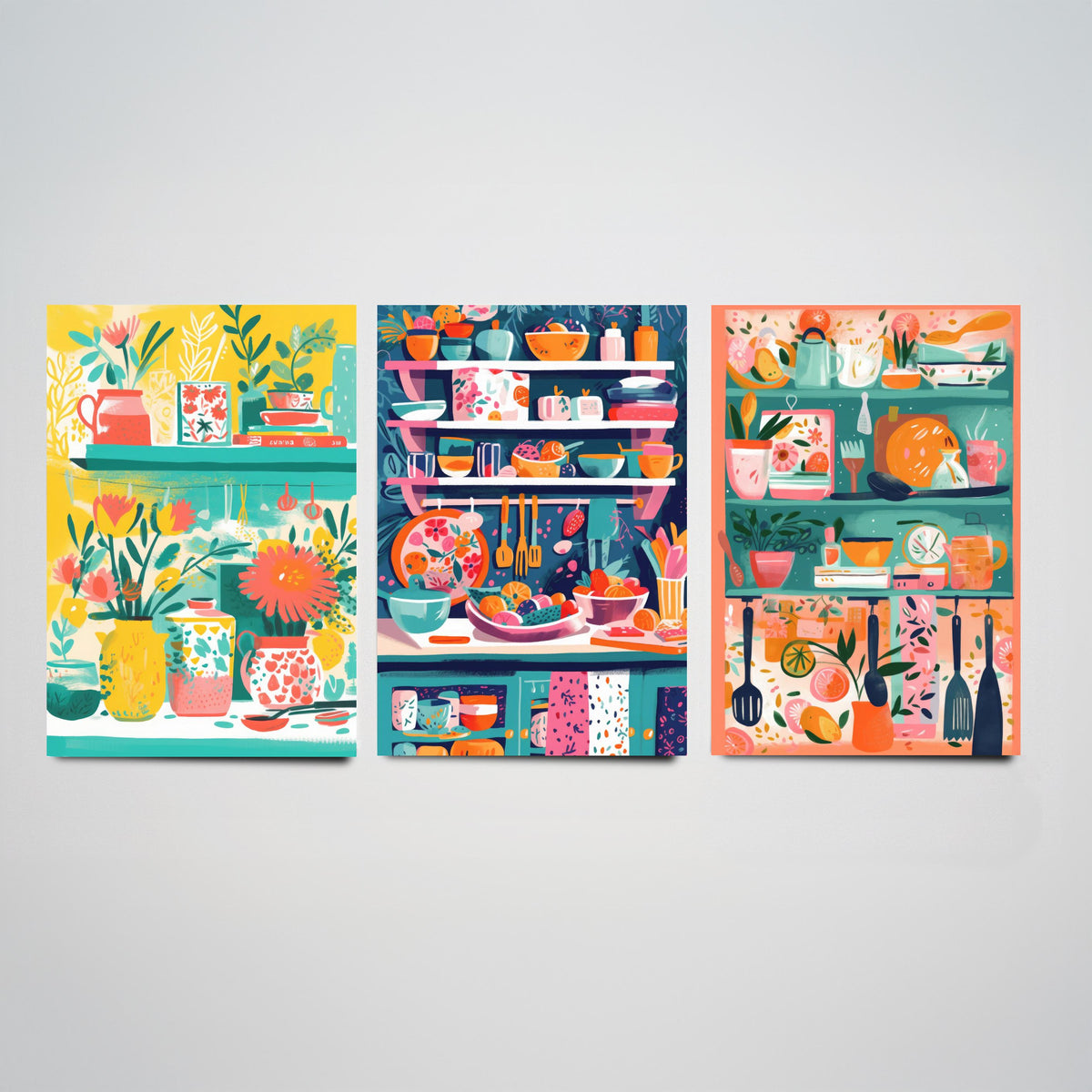 Kitchen Shelves Set of Three Art Prints - Pots, Plants and Utensils - Bright Folk Kitchen Poster Illustration