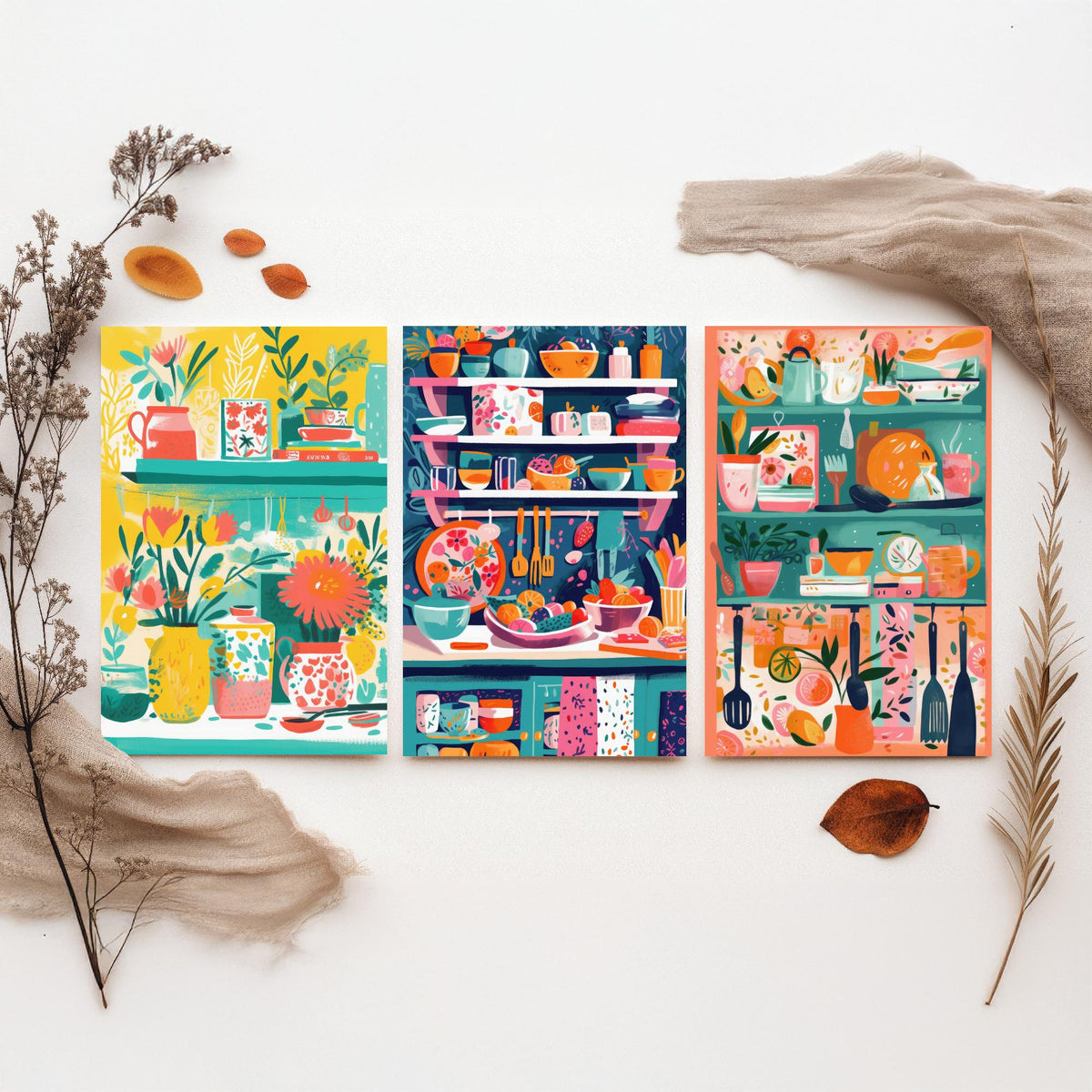 Kitchen Shelves Set of Three Art Prints - Pots, Plants and Utensils - Bright Folk Kitchen Poster Illustration