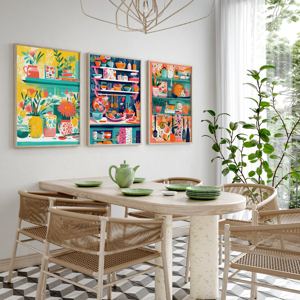 Kitchen Shelves Set of Three Art Prints - Pots, Plants and Utensils - Bright Folk Kitchen Poster Illustration