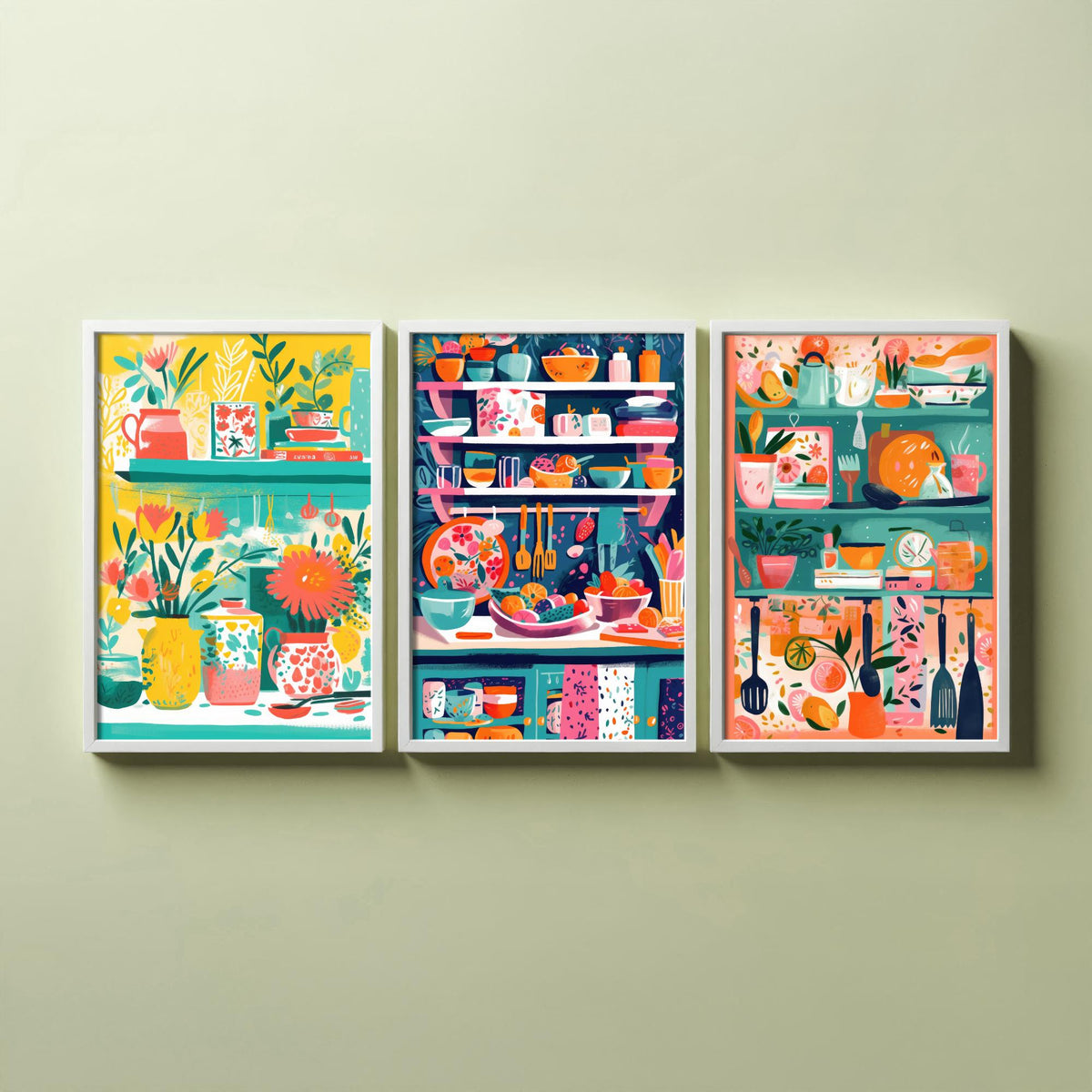 Kitchen Shelves Set of Three Art Prints - Pots, Plants and Utensils - Bright Folk Kitchen Poster Illustration