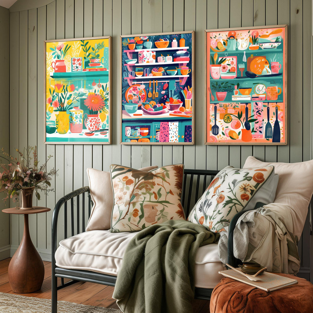 Kitchen Shelves Set of Three Art Prints - Pots, Plants and Utensils - Bright Folk Kitchen Poster Illustration
