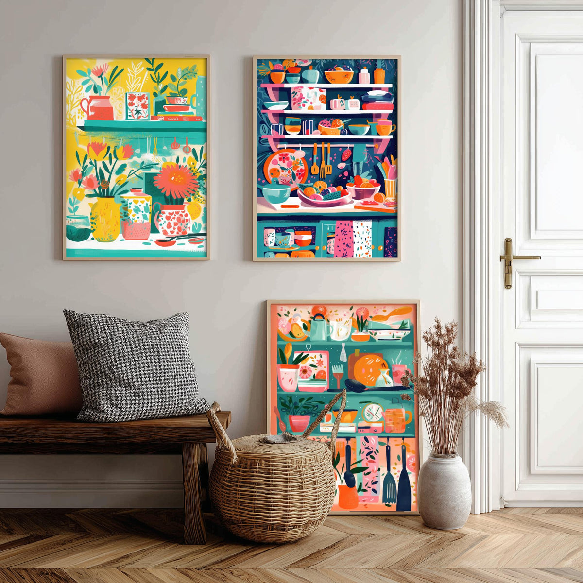 Kitchen Shelves Set of Three Art Prints - Pots, Plants and Utensils - Bright Folk Kitchen Poster Illustration