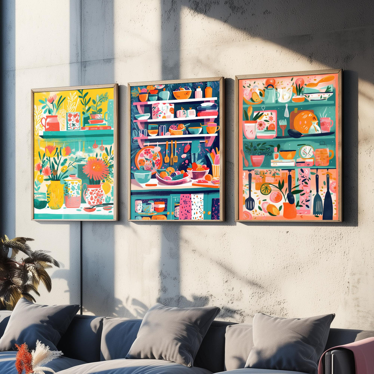 Kitchen Shelves Set of Three Art Prints - Pots, Plants and Utensils - Bright Folk Kitchen Poster Illustration
