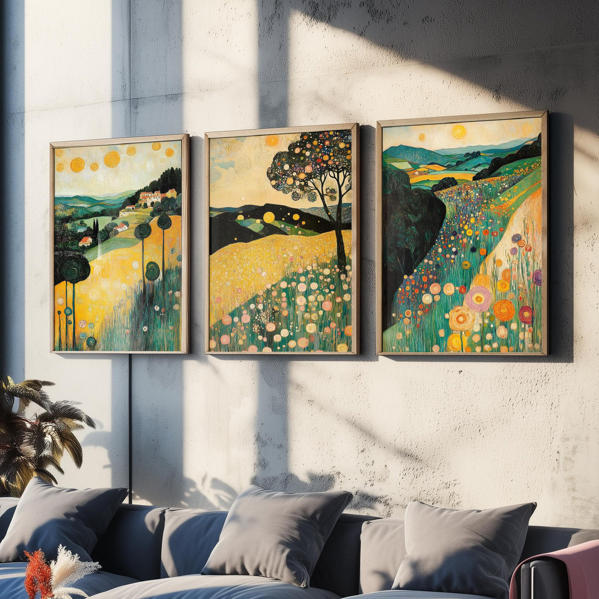 Set of Three Klimt Style Landscape Art Prints - 3 Golden Hills Flower Meadow Paintings - Poster Wall Art Gift Tuscany Trees Sun Decor