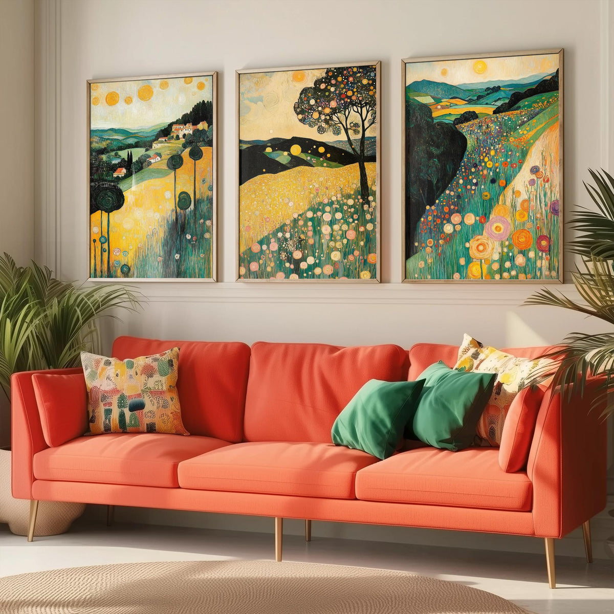 Set of Three Klimt Style Landscape Art Prints - 3 Golden Hills Flower Meadow Paintings - Poster Wall Art Gift Tuscany Trees Sun Decor