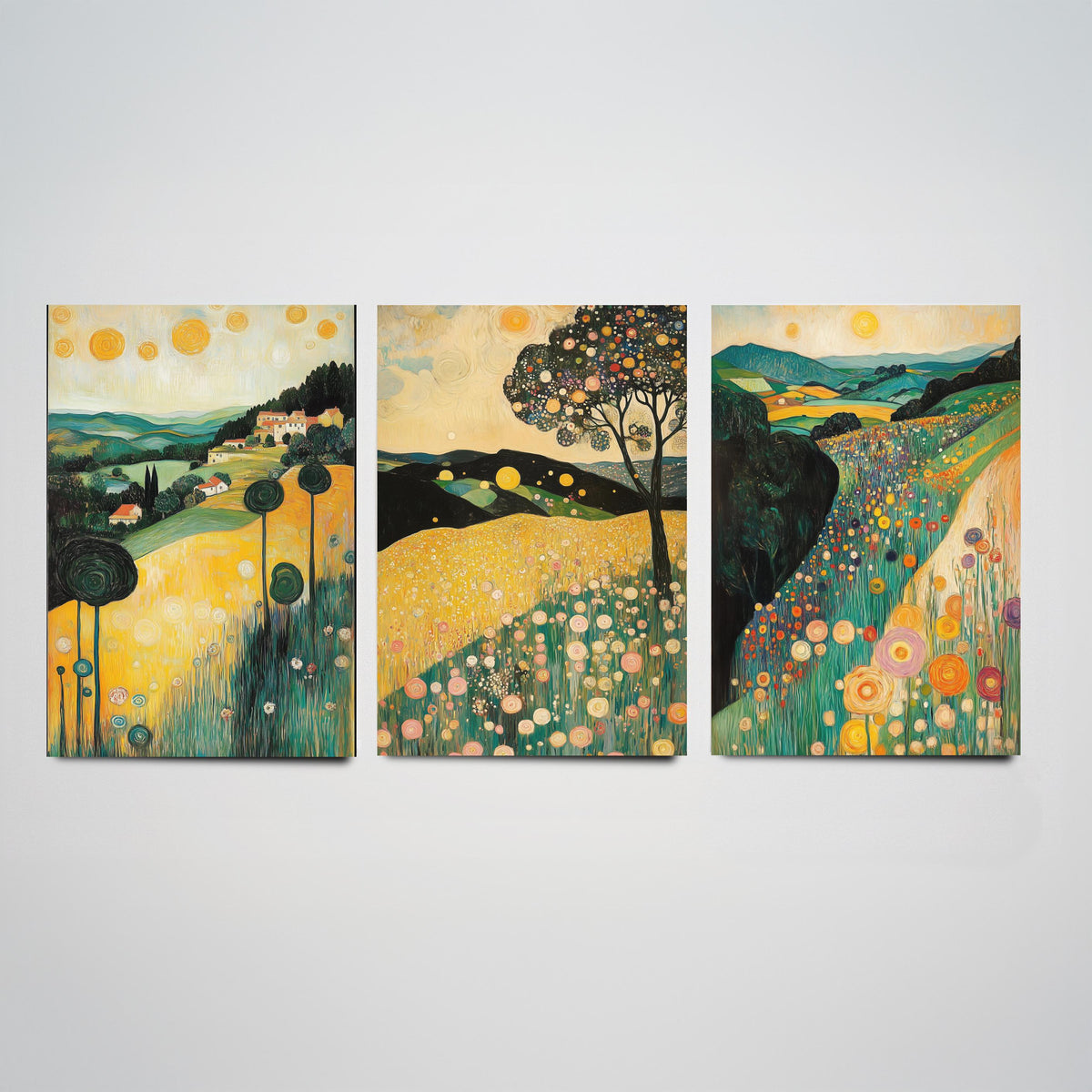 Set of Three Klimt Style Landscape Art Prints - 3 Golden Hills Flower Meadow Paintings - Poster Wall Art Gift Tuscany Trees Sun Decor