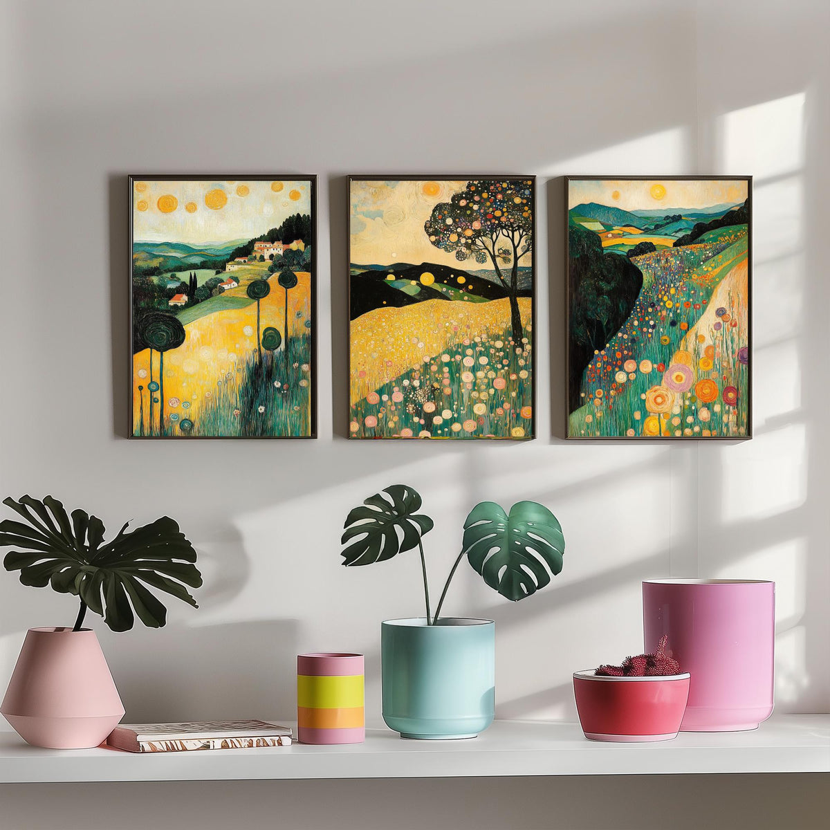 Set of Three Klimt Style Landscape Art Prints - 3 Golden Hills Flower Meadow Paintings - Poster Wall Art Gift Tuscany Trees Sun Decor