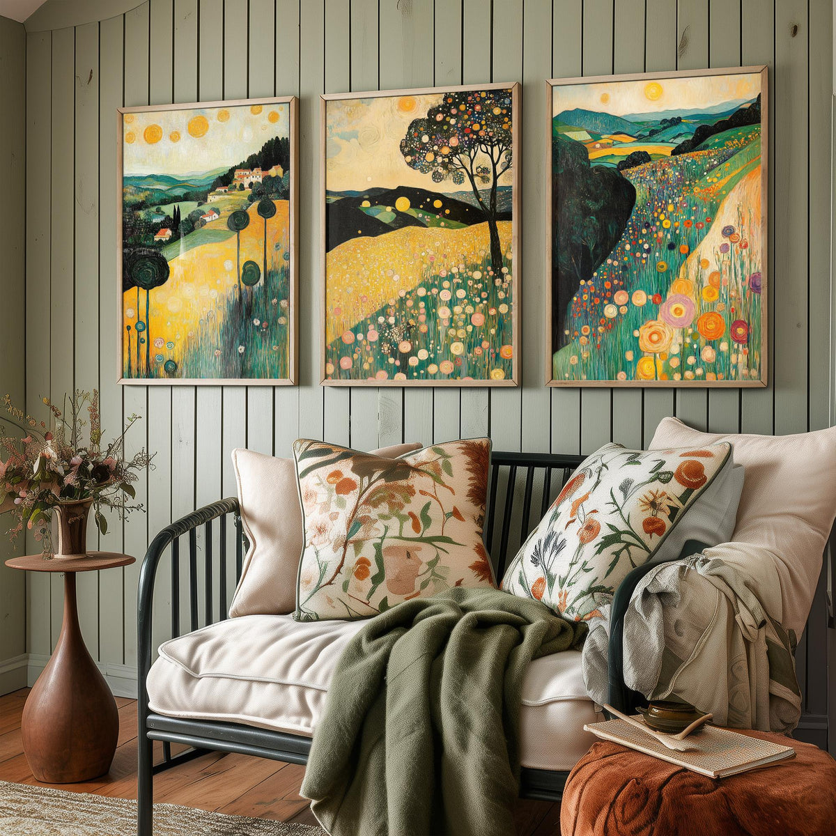 Set of Three Klimt Style Landscape Art Prints - 3 Golden Hills Flower Meadow Paintings - Poster Wall Art Gift Tuscany Trees Sun Decor