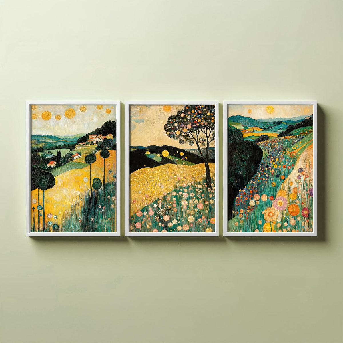 Set of Three Klimt Style Landscape Art Prints - 3 Golden Hills Flower Meadow Paintings - Poster Wall Art Gift Tuscany Trees Sun Decor